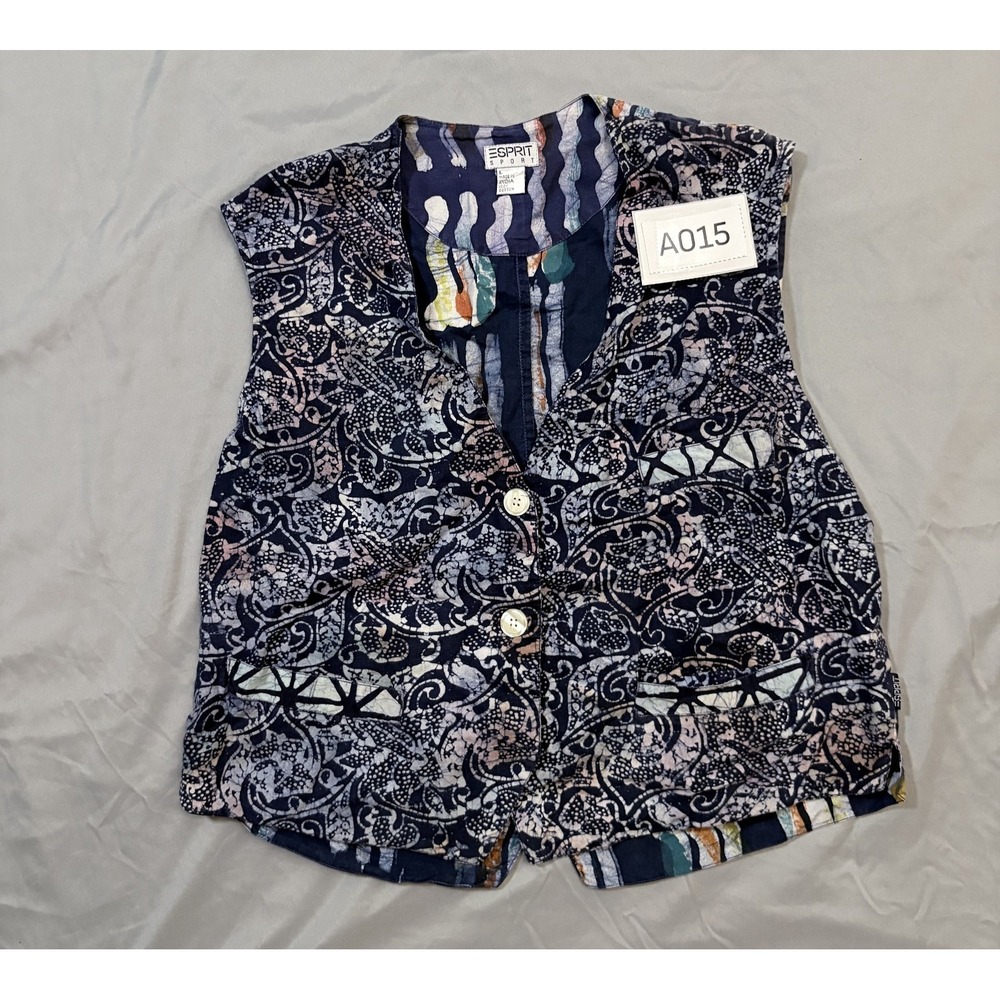 Vintage Esprit Paisley Batik Vest Women L Blue Multicolor Button Front Artsy 80s